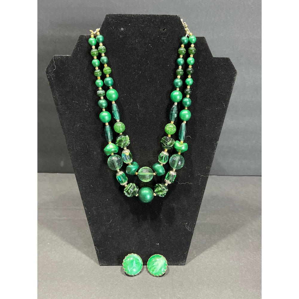 Vintage Green Art Glass Bead Double Strand Necklace & Clip On Earrings Set